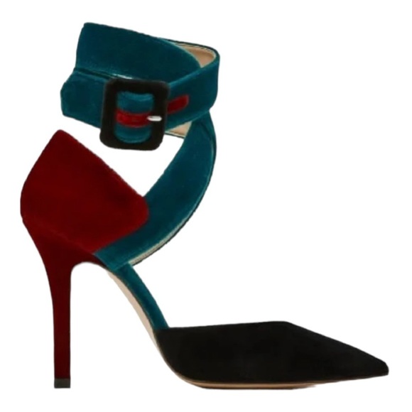 ZARA Teal Burgundy Velvet Ankle Strap Colorblock Heels Size 8 - Picture 4 of 10